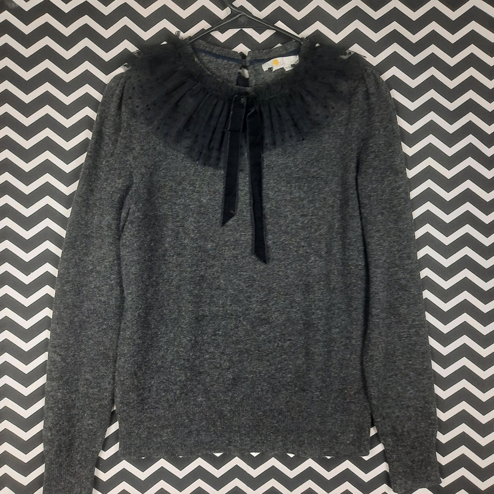 Boden Grey Wool Alpaca Blend Sweater Tulle Ruffle‎ Collar Velvet Bow US 6 K0529
